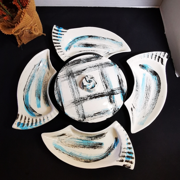 California Pottery Vintage Serving Set Blue and Black Brushstroke Plaid 6 Pieces - Picture 2 of 16